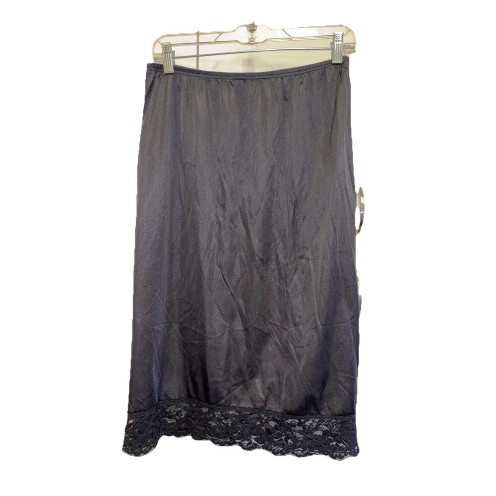 Vassarette Black Lace Trim Half Slip Nylon L Made in the USA Elastic Waist Skirt